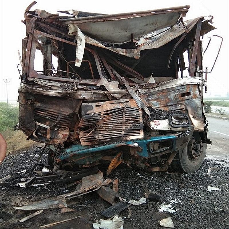 Traffic stalled after two trucks collided in Orai