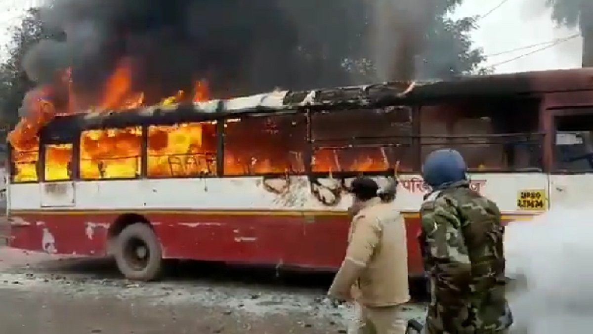Miscreants burn roadways bus in Sambhal whatsapp photo