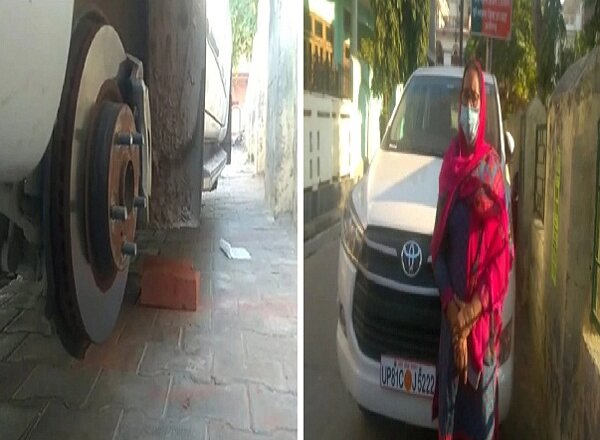 भाजपा नेता की गाड़ी का पहिया चुराकर ईंटों पर खड़ी कर गए चोर