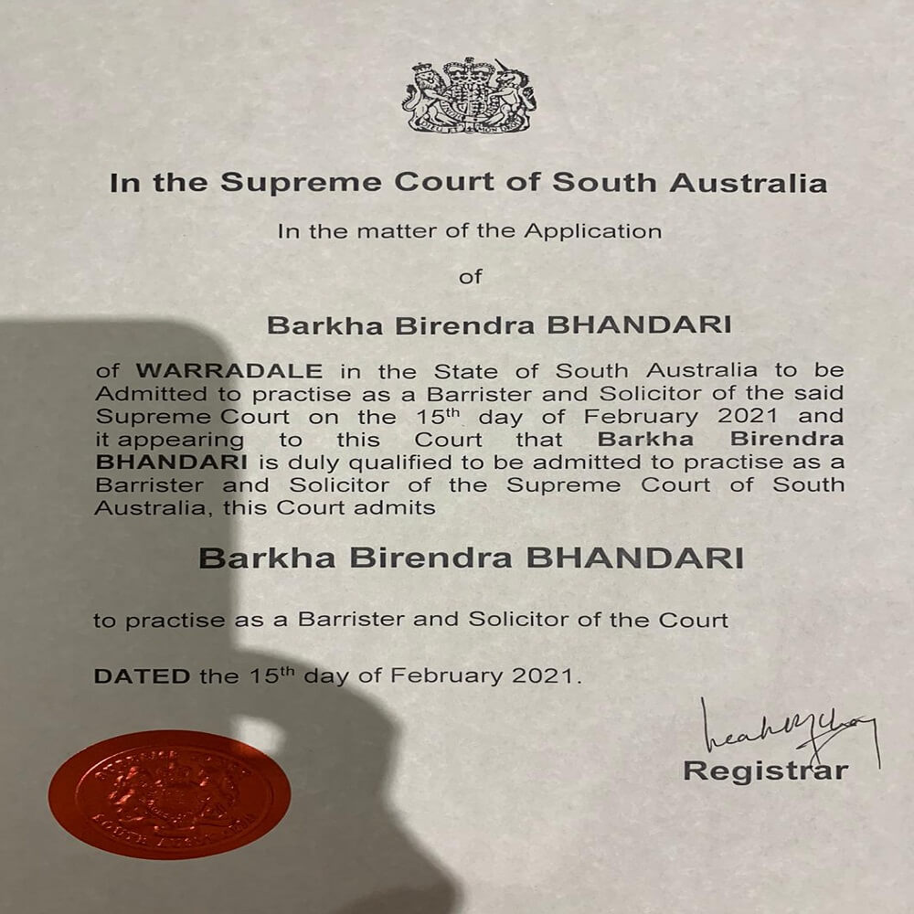 India's Daughter :  Barkha Bhandari  law practice in Supreme Court of south Australia
